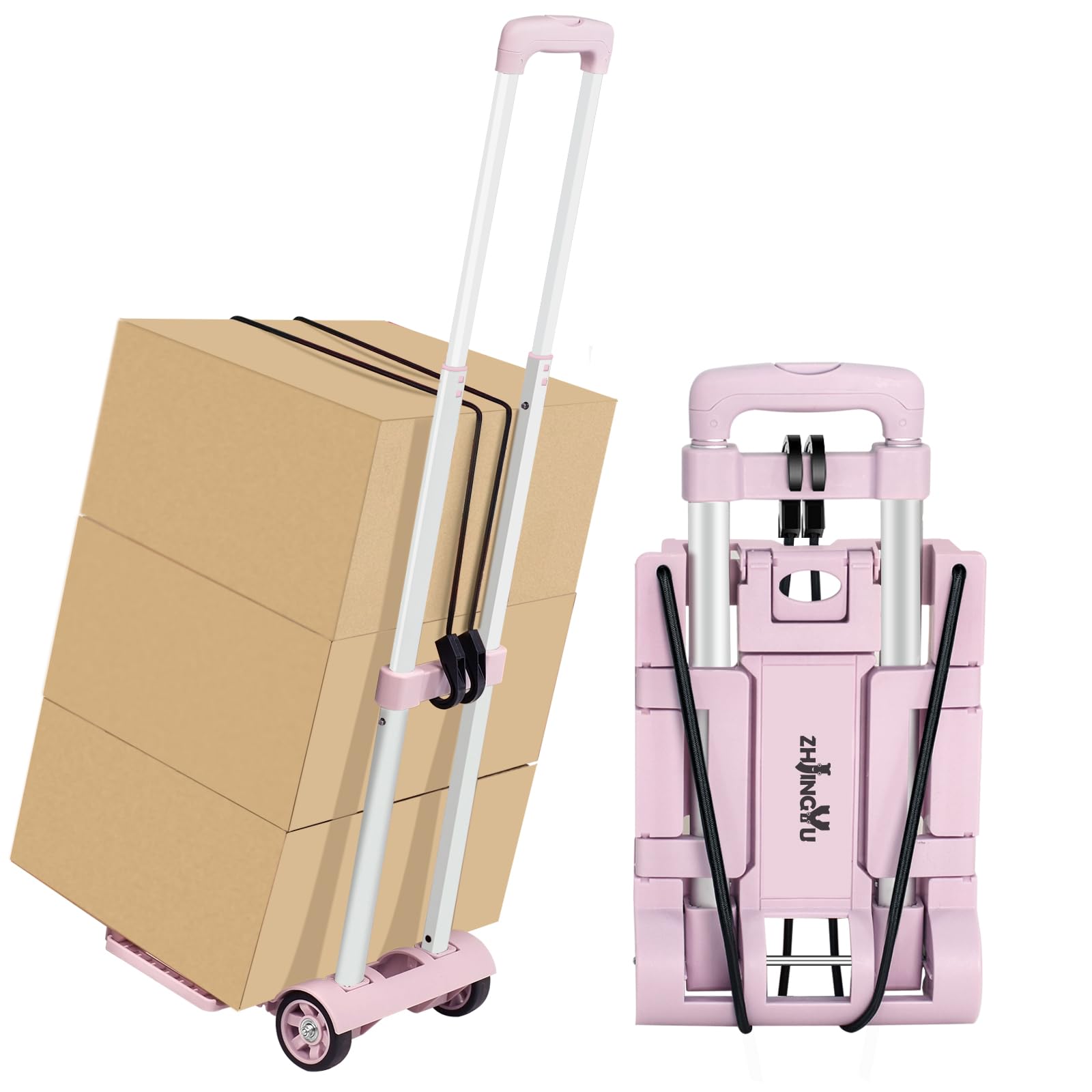 ZHJINGYU Aluminiowy wózek transportowy składany, 35 kg z drążkiem teleskopowym – 2 linki ekspanderowe w zestawie – lekko poruszające się koła – idealny do gospodarstwa domowego i przechowywania (2