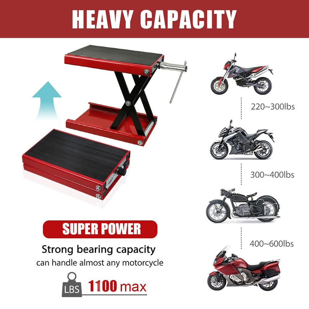 Motorrad Hebebühne Scherenheber bis 500 kg belastbar, Höhenverstellbar 76-406mm, Mit Dolly & Rollen, Hubtisch für Motorrad, ATV, Quad & Reifenwechsel