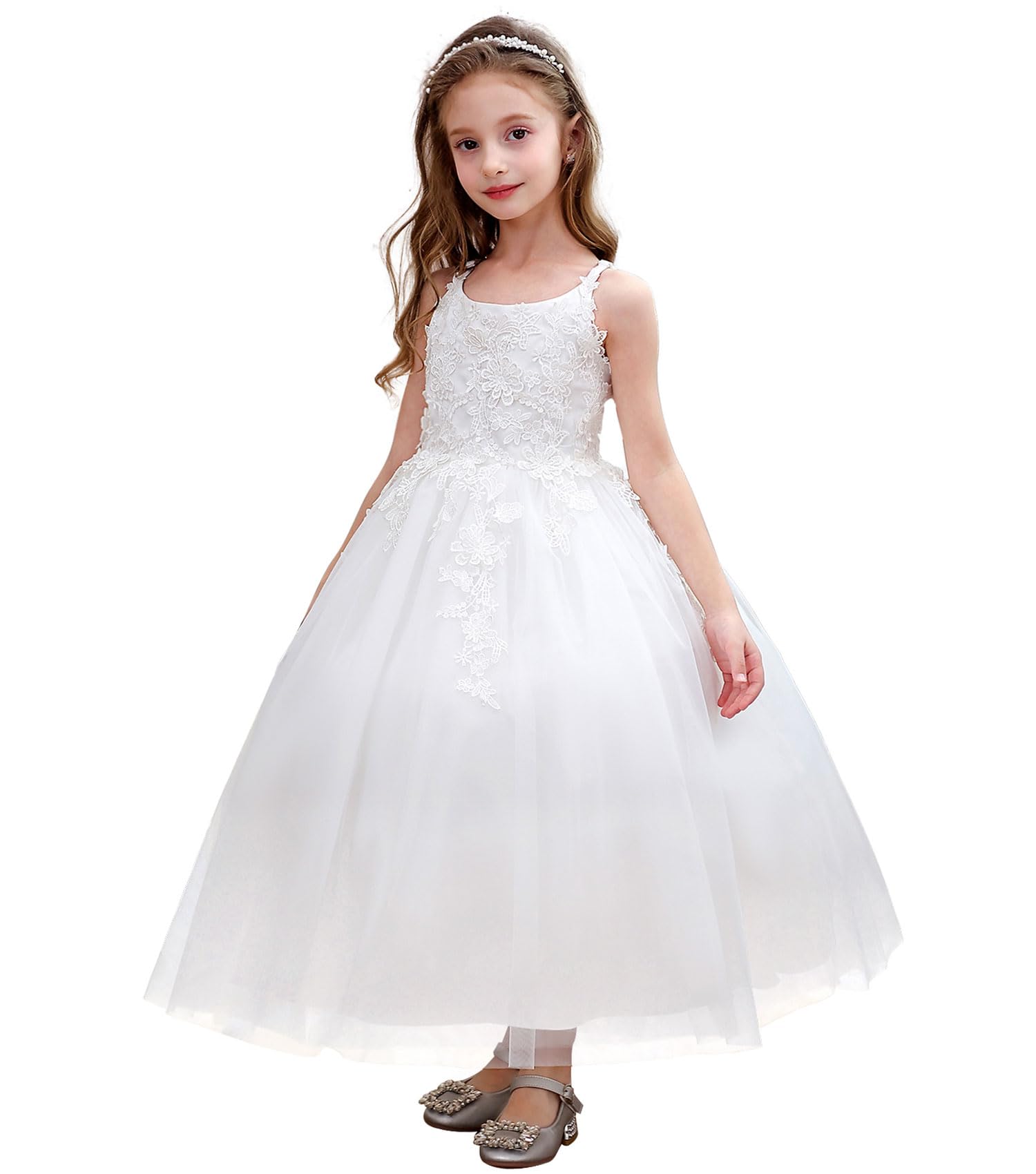 Blumenmädchen Kleid Kinder Mädchen Träger Blumen Bestickt Spitzen Strapskleid Ärmellos Hochzeit Geburtstag Partykleid Prinzessin Maxikleid Elegant Weich Kinderkleid Für Performance(6,Weiß)