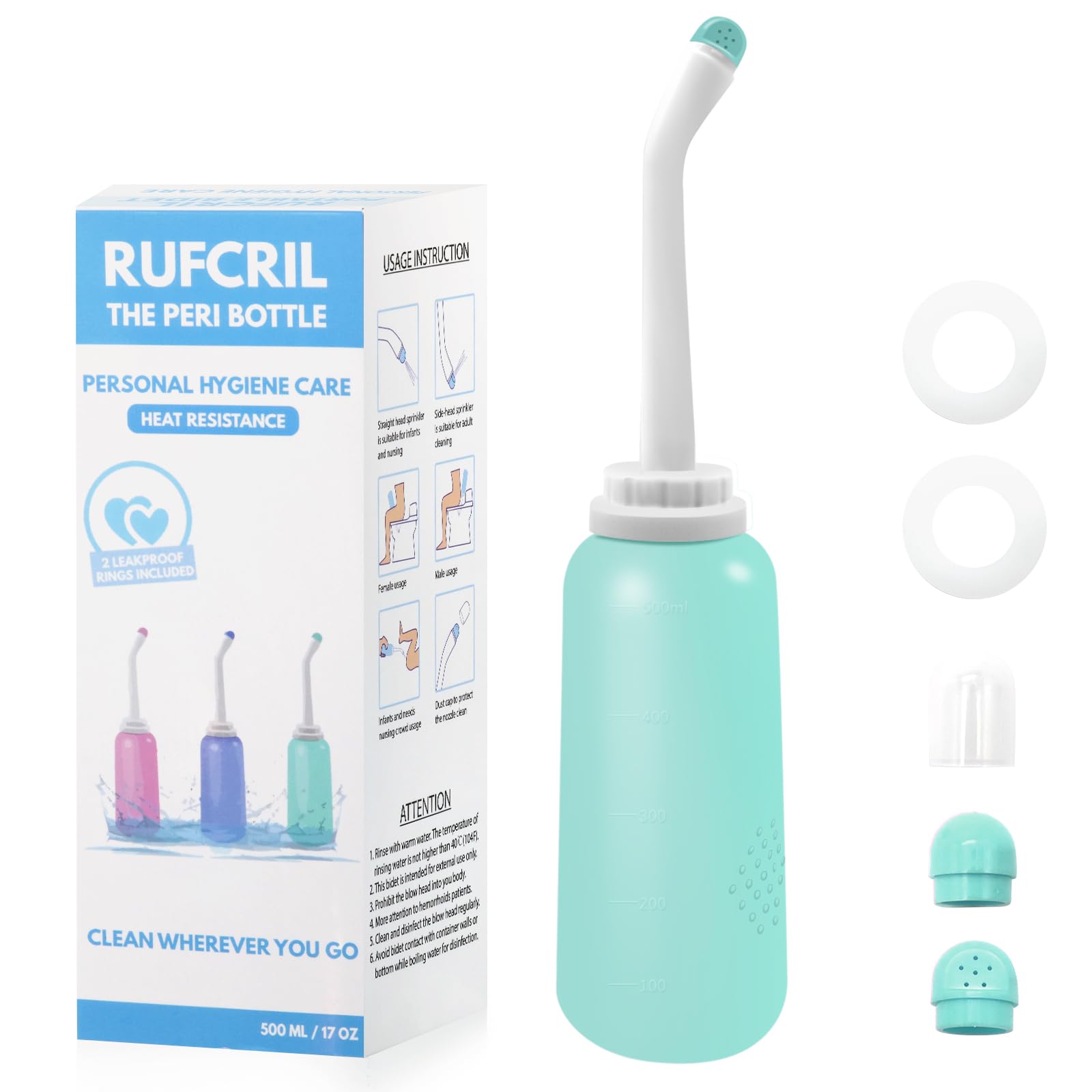 RUFCRILPeri Bottle, Portable Travel Bidet with Carry Bag, TPE Material Can Be Boiled, 500ml Capacity with 2 Sealing Ring,Essentials for Postpartum Perineal Care,Hemorrhoid Treatment,New Baby
