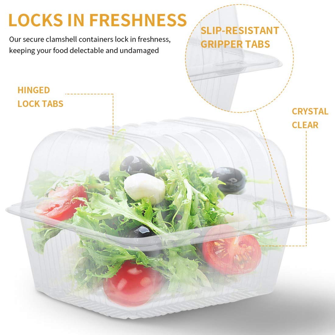 Holotap Clear Plastic Hinged Container 70 PCS, 5.5" Length x 4.8" Width x 3.7" Depth, Disposable Clamshell Food Containers for Salads, Hamburger, Cake… (Square)