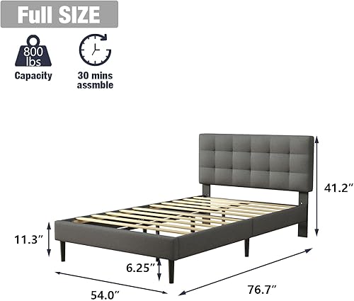 Miniatura 2 de UNIZONE Base de cama tapizada de tamaño matrimonial con cabecera capitoné, cama de plataforma con cabecera de tela de lino, soporte de listones de