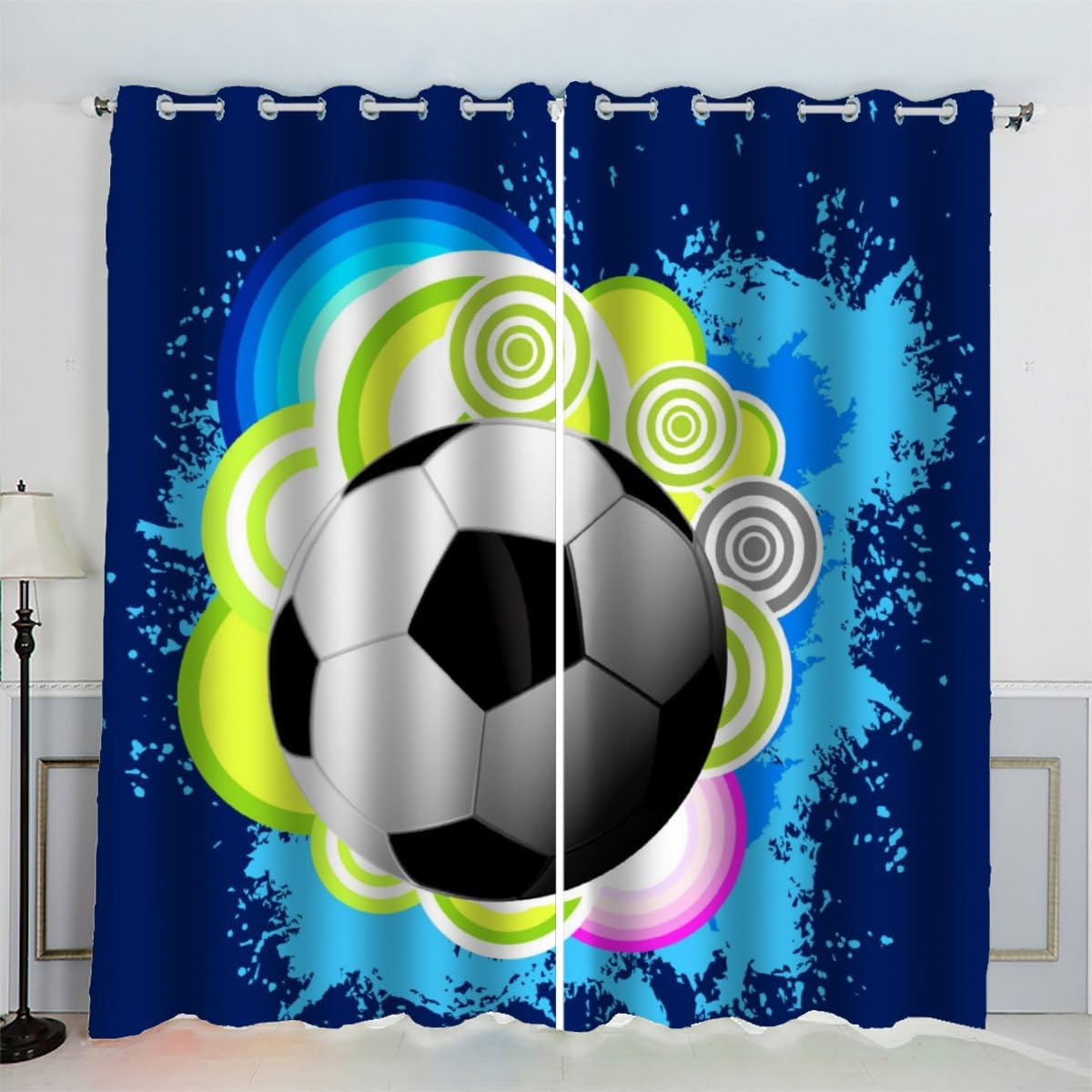 AKATIE Blackout Curtain Football Sports Theme Kid Insulated Drapes Blue 3D Print Eyelet Window Curtains for Boys Girls Teens Children kids Bedroom Set of 2 Panels (W150xL166cm)