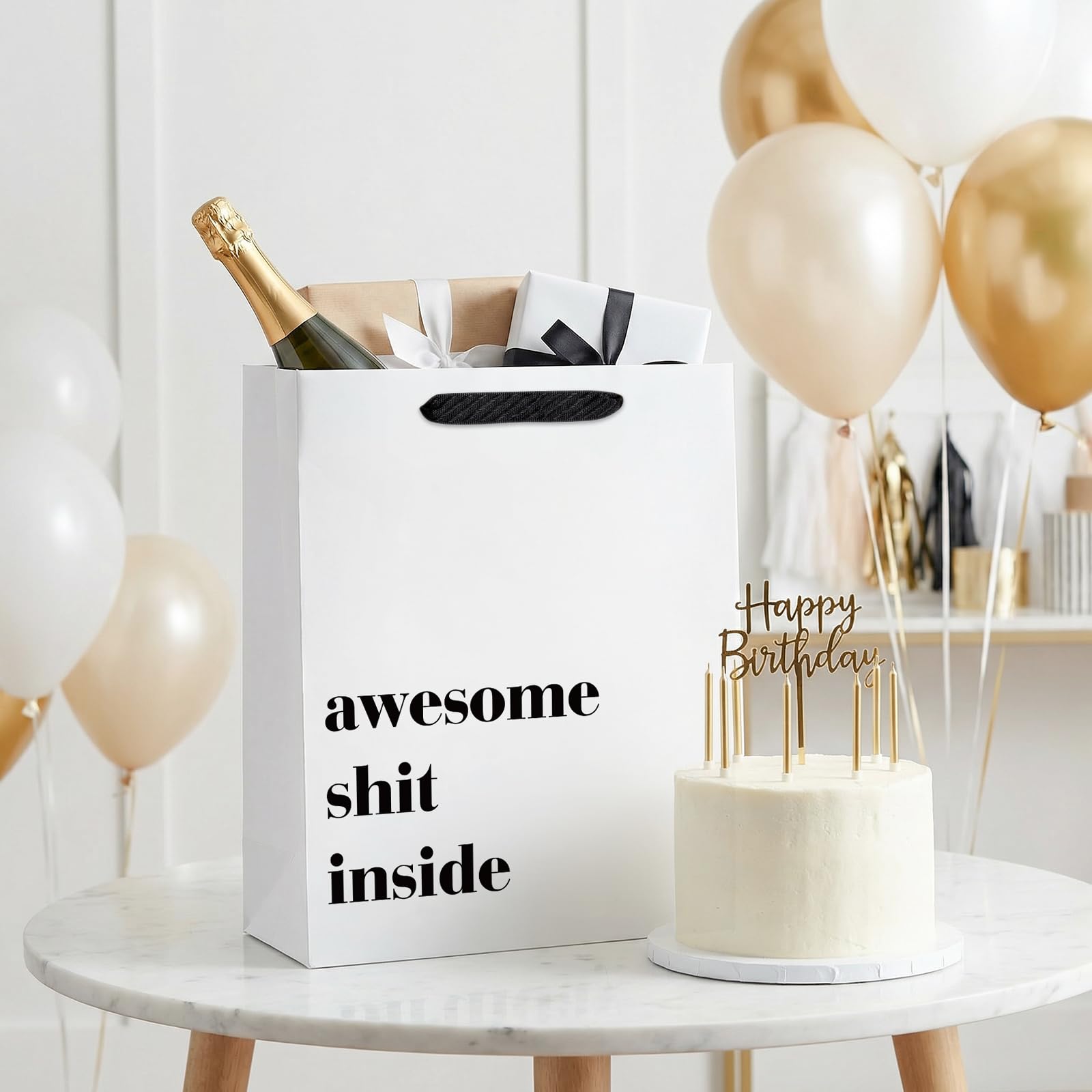 Loveinside 13" Large Funny Gift Bag, Minimalist White Awesome Sh*t Inside Bold Design with Tissue Paper & Card, Adult Humor Gift Bag for Friends, Coworkers, Birthday, Party, 10" x 5" x 13", 1 Pcs