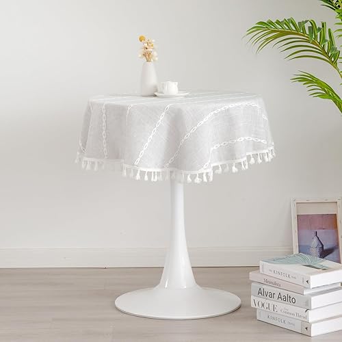 YZKITM Mantel redondo rústico pequeño lavable a rayas de lino jacquard de peso pesado estilo granja con borlas para cocina, comedor, fiesta, disponible en Yaxa Venezuela