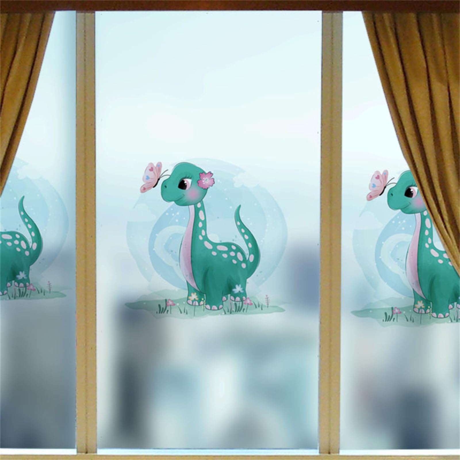 Fensterfolie Blickdicht Sichtschutzfolie, Sichtschutzfolie für Fenster, Motiv: Mädchen, Dinosaurier, Schmetterling, selbstklebend