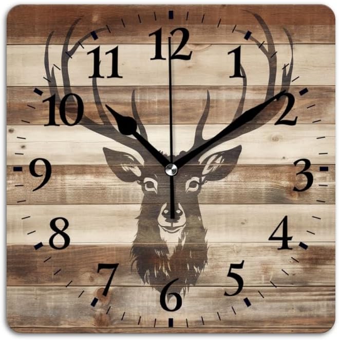 Quartz Wall Clocks Non-Ticking Silent Battery Operated Modern Wall Clocks Decorative for Home,Bedroom-Stenciled Deer Head with Antlers On Rustic Wood Background(14inch)