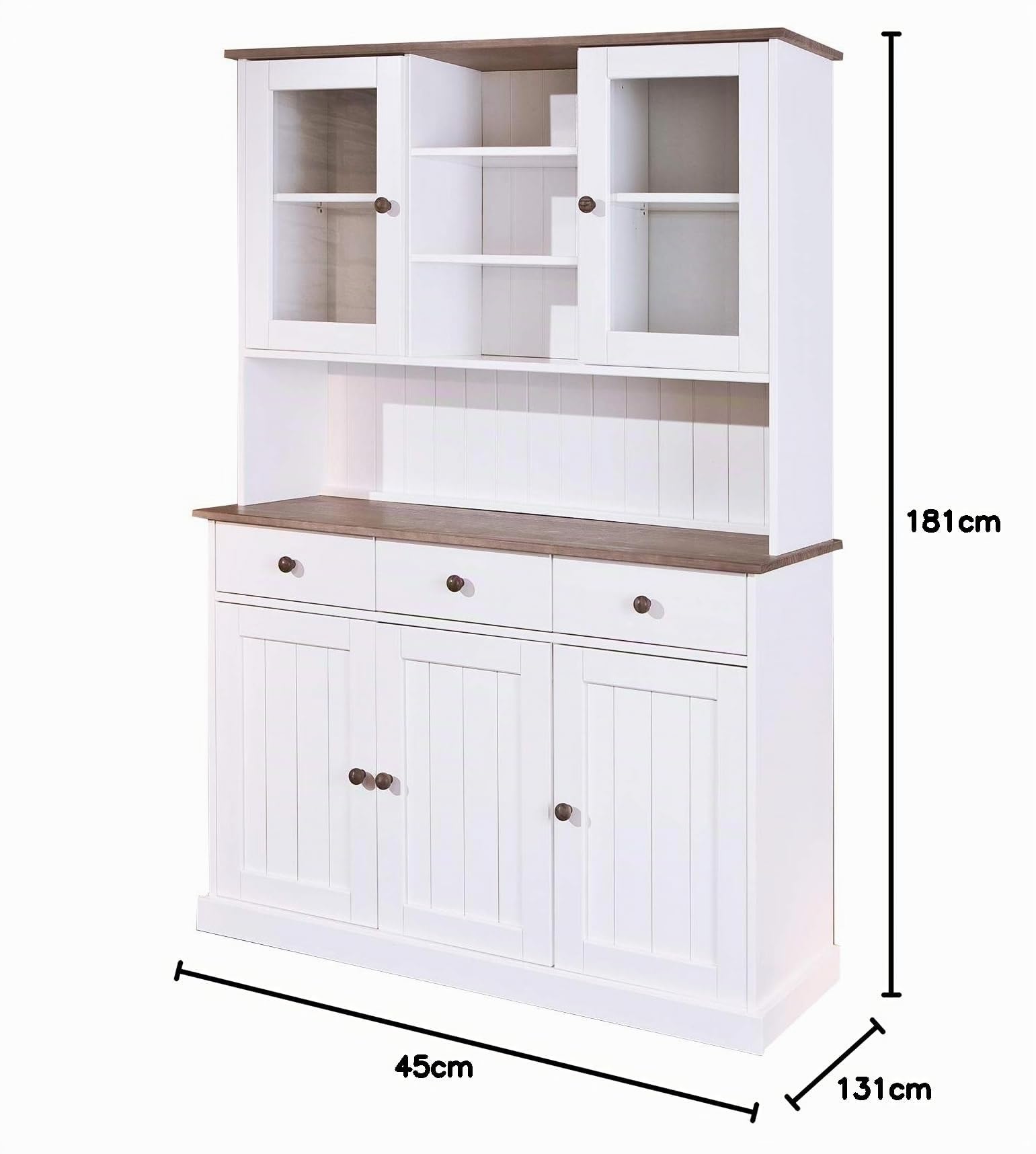 Inter Link - Vitrinenschrank - Küchenschrank - Geschirrschrank - Esszimmerschrank – Vitrine - Landhausstil - Kiefer Massivholz – 5 Türen – 3 Schubladen – Westerland 6.2 – Weiß/Sepia lackiert