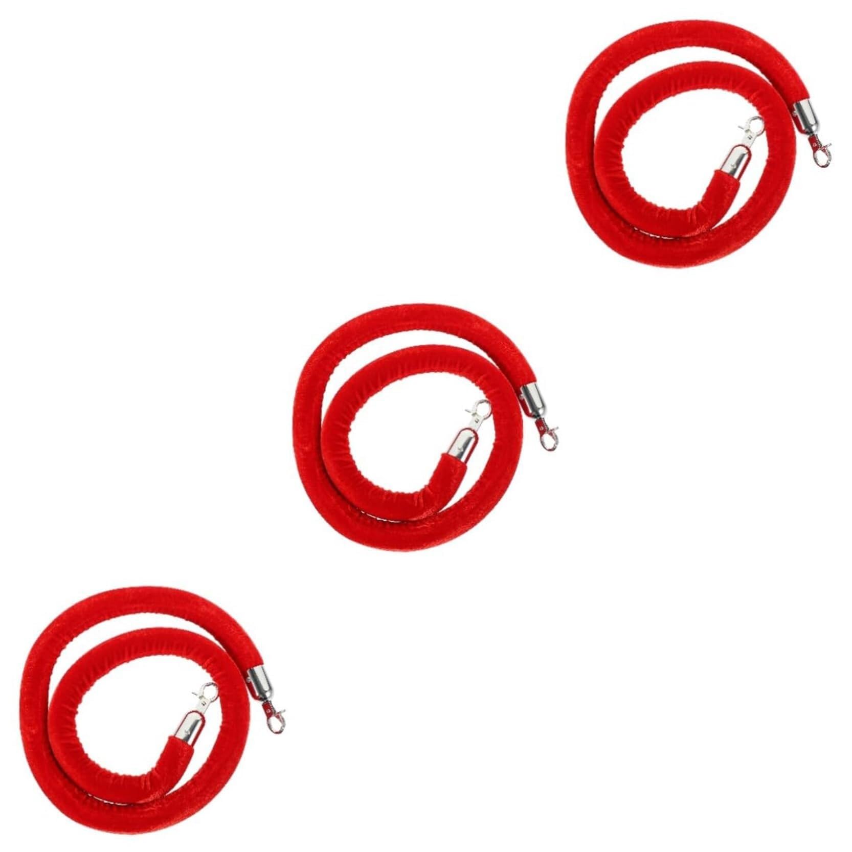 Elegant Red Velvet Stanchion Rope with Silver Hooks - 3 Pack Crowd Control Barrier for Events and Theaters Post Ropes(4.9ft/150cm)