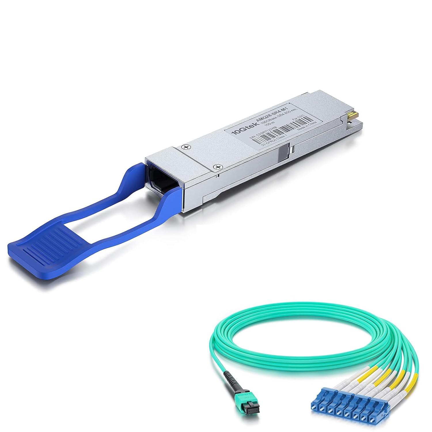 1 Pack of 100 Gigabit QSFP28 MPO Multi-Mode Transceiver and 1 Pack of 15M MTP to 8X LC Fanout Fiber Jumper Cable
