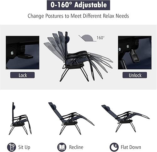 Miniatura 4 de Tangkula Juego de 2 sillas de gravedad cero, silla plegable para patio, reclinable, ajustable, con soporte para tazas, reposabrazos anchos para
