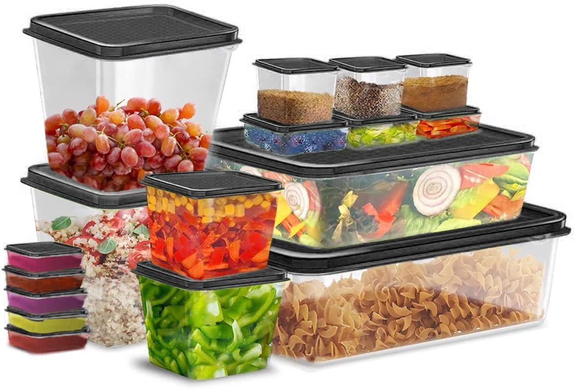 KEPLIN Reusable Meal Prep Containers with Lids - 17pcs, Black | Microwave & Dishwasher Safe Airtight Food Storage Containers | Stackable Bento Set Lunch Boxes | Freezer Storage Boxes for Food Prep