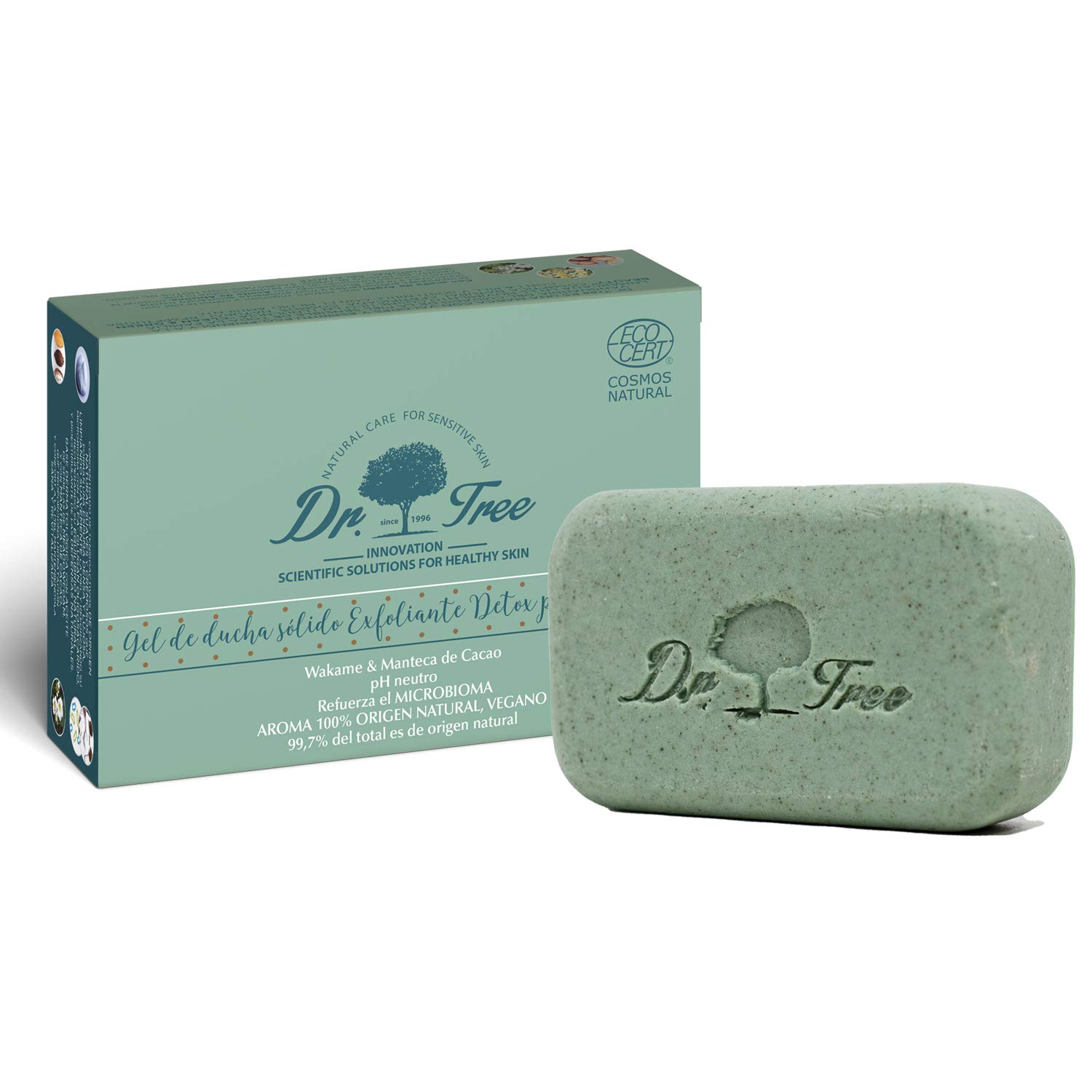 Dr. Tree Gel Sólido Ecológico Exfoliante, Piel Sensible, Refuerza el Microbioma, ECOCERT, 99.7% Ingredientes Naturales, Con Wakame, Sin Sulfatos SLE, SLS, Sin parabenos, Sin siliconas, 120 gr