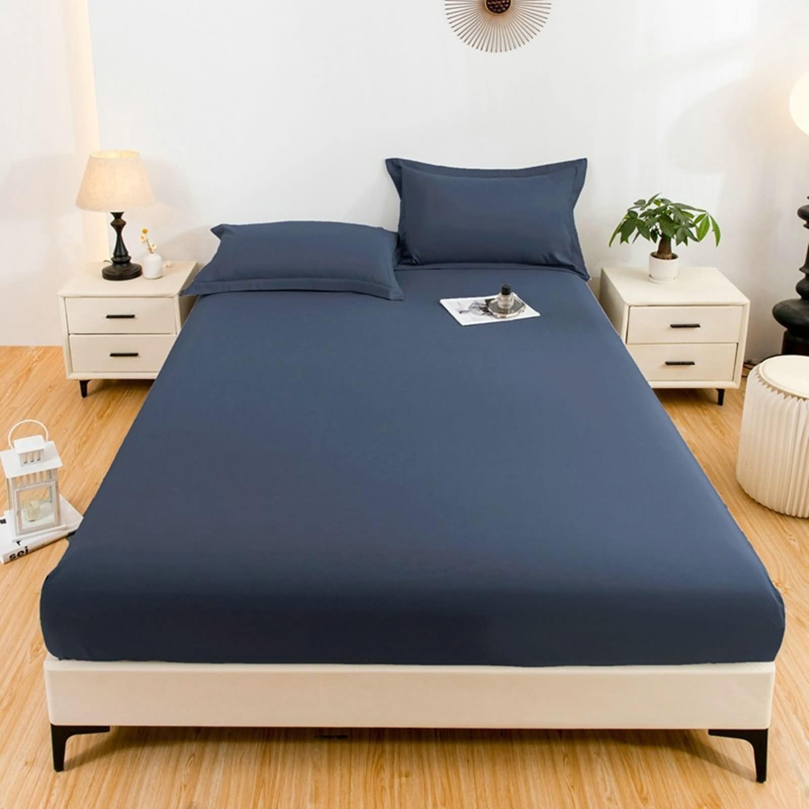 Bajera Cama Matrimonio de Algodón Lavado, Color Sólido, 120 x 200 CM, Sabana Bajera Matrimonio Azul Marino