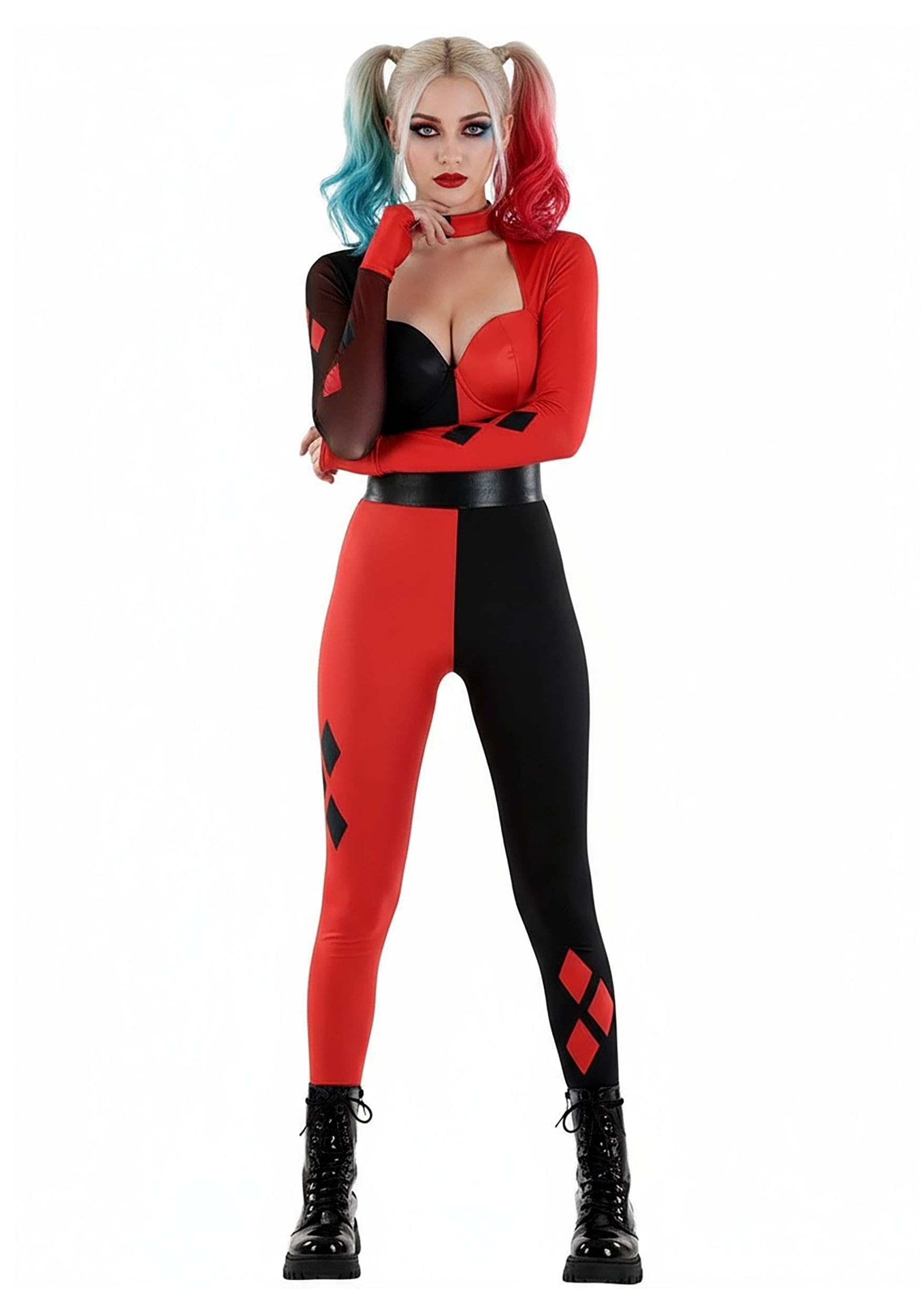 Costume DC Harley Quinn pour femme | Combinaison de super-héros méchant avec ceinture et masque pour les yeux pour Halloween, fêtes à thème