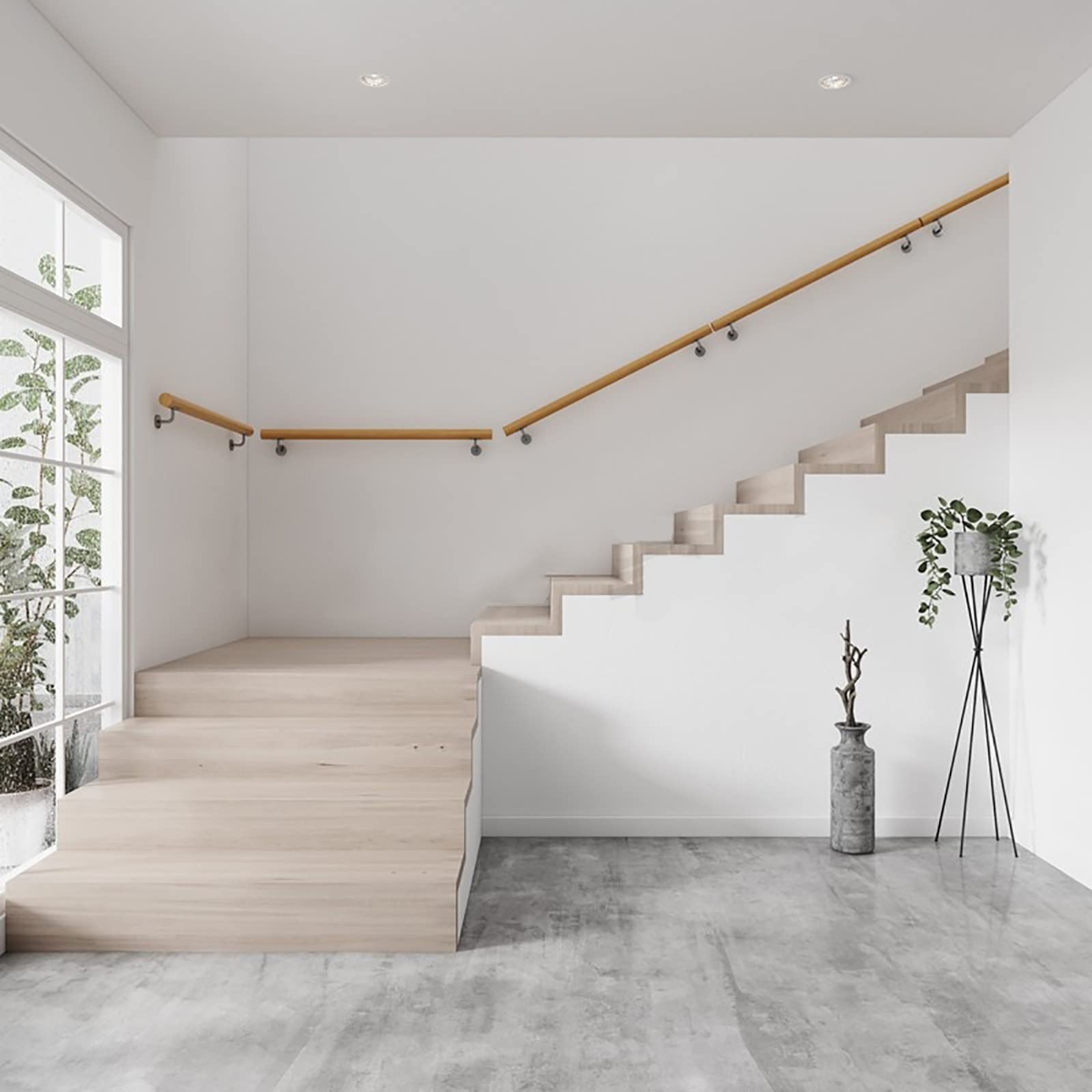 1m / 2m / 3m / 4m / 5m / 6m Mains Courantes en Bois pour Escaliers Intérieurs, Main Courante d'Escalier Antidérapante pour Personnes Âgées, Barre d'Appui Murale pour Rail de Rampe avec Suppo