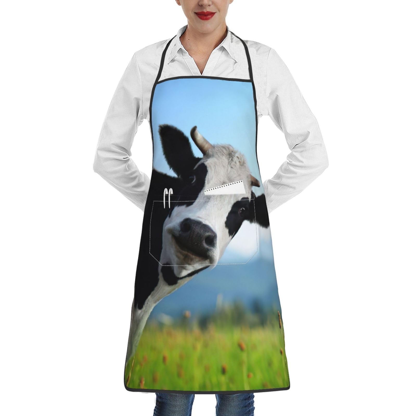 Edwal Unisex White Cute Cow Print Kitchen Aprons, Apron For Cooking With Pocket, Chef Aprons For Men Women