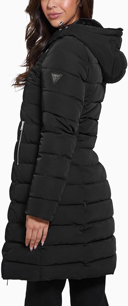 ジャケット・アウター Helena coat GUESS Women's Helena Long Fur Jacket, Jet Black at Amazon Women's