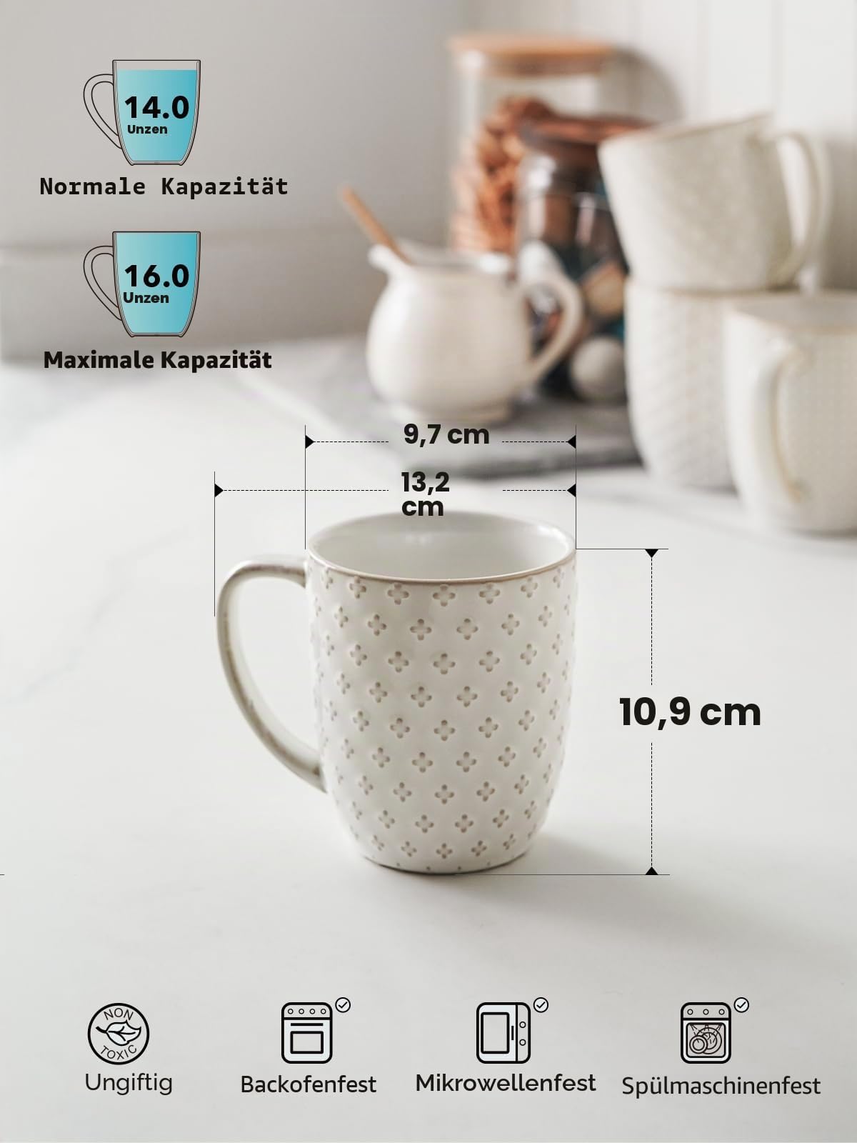LE TAUCI Kaffeetassen Set, 473 ml, Keramiktassen Kaffeebecher, Prägetassen Große Tassen für Latte, heißen Tee, Cappuccino, 4 Stück, Arktisweiß