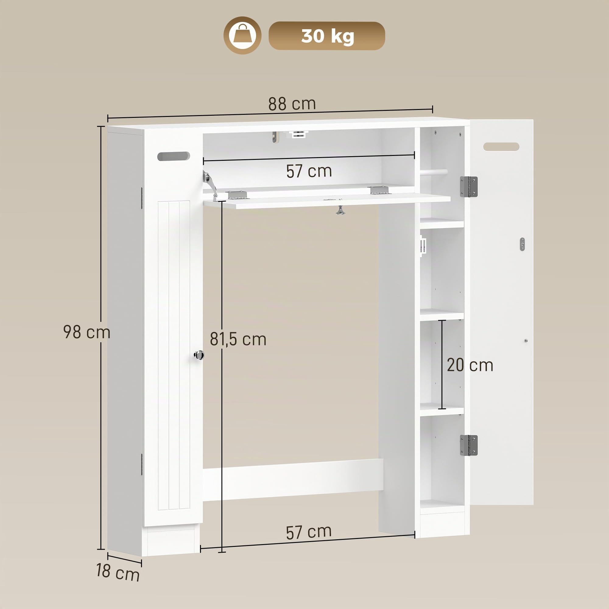 HOMCOM Mueble sobre Inodoro con 2 Armarios Laterales 88x18x98 cm Blanco | Armario sobre Inodoro, Mueble de Baño, Cajón Abatible, Portapapeles, Estantes Ajustables, para Espacios Pequeños