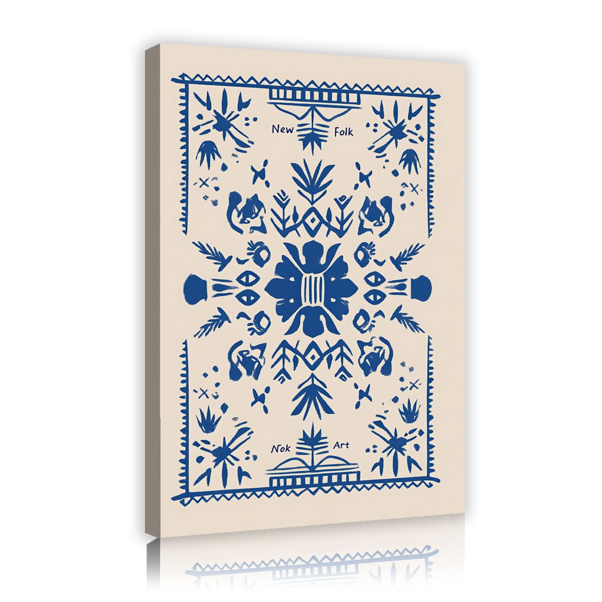 Dipinto murale su tela folk art blu crema astratto 85x120cm