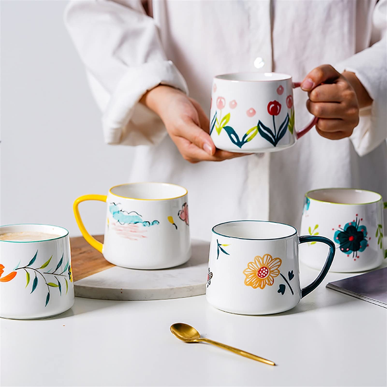 Tazas Linda taza de desayuno de cerámica pintada a mano 320ml Flores de dibujos animados Modelo Mildeo Avena Taza de café Copos de cerámica for el regalo de la casa Taza de cerámica ( Size : 10oz , Co