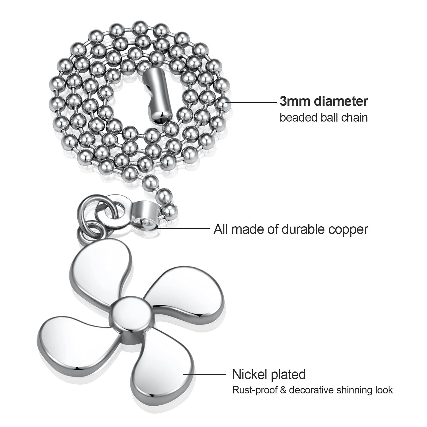 4PCS Ceiling Fan Pull Chains Extension - 12 Inch Beaded Ball Chain With Fan & Light Bulb Pendants, Silver