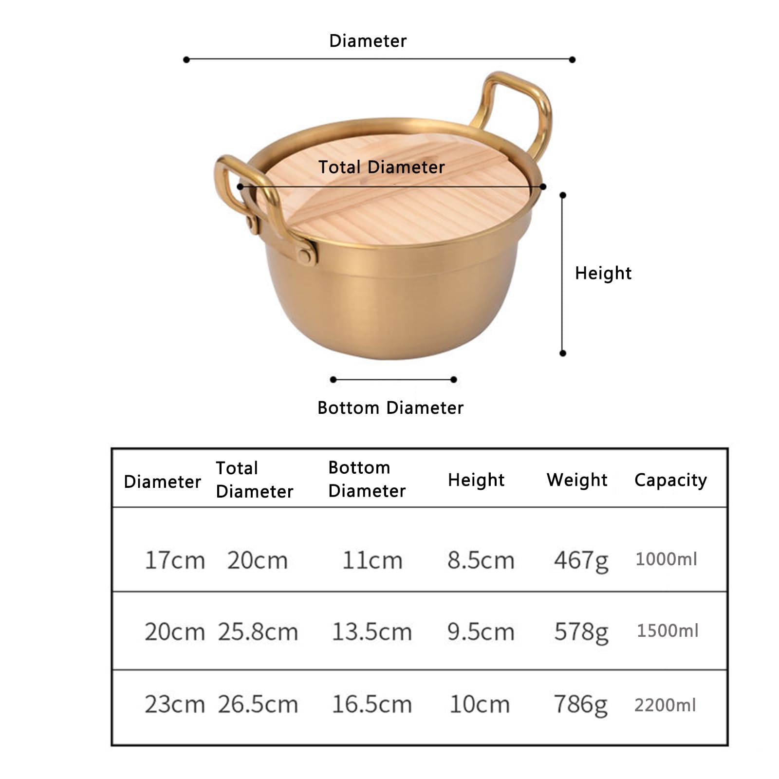 Koreanischer Ramen-Kochtopf/Edelstahl-Ramyun-Kochtopf mit Doppelgriff und Holzdeckel, 1 l, 1,5 l, 2,2 l, Suppentopf, Suppentopf, kleiner heißer Topf, ideal für Suppe, Curry, Nudeln und Eintopf, 23 cm
