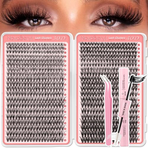 NovaBeryl Lash Clusters Kit-800PCS DIY Eyelash Extension Kit with Bond & Seal 30D/40D C Curl Cluster Lashes 816mm Reusable Wispy Natural False Eyelashes with Tweezers
