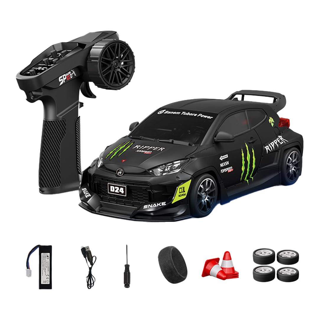 NULA 1:24 RC Drift Car, D24 RTR Full Proportional 4WD High Speed Remote Control Car with Gyro, Dual Drift Racing Tires, LED Light Effects for Adults- (S6 Matte Black / D24-04)
