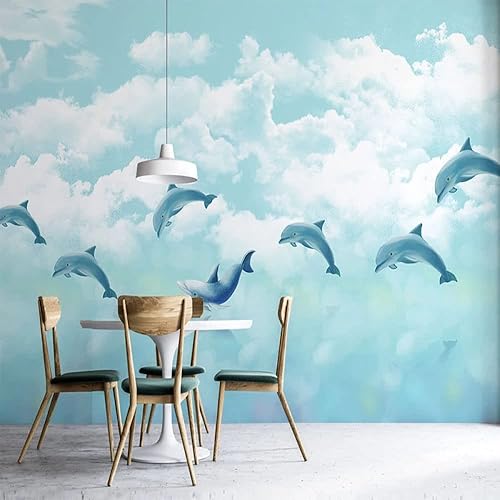 Papel Tapiz para Cocina, moderno cielo azul nubes de dibujos animados delfín animal impresión grande autoadhesivo papel pintado despegar y pegar