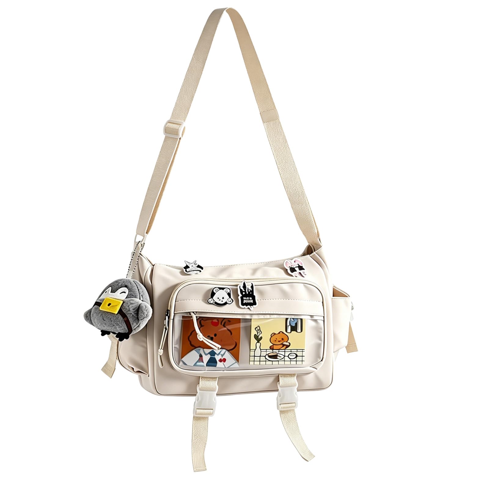 Borsa Ita, borsa a tracolla Y2K, borsa a tracolla da donna Ita in tela con spilla e ciondolo, borsa leggera, borsa a tracolla Kawaii