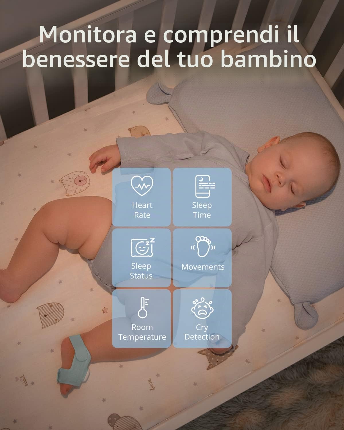 Calzini Intelligente eufy Baby S340, baby monitor Wi-Fi 2,4 GHz, monitoraggio del sonno, ritmo cardiaco, ossigeno nel sangue, telecamera 2K, rilevamento IA del Pianto, Panorama e Inclinazione, senza