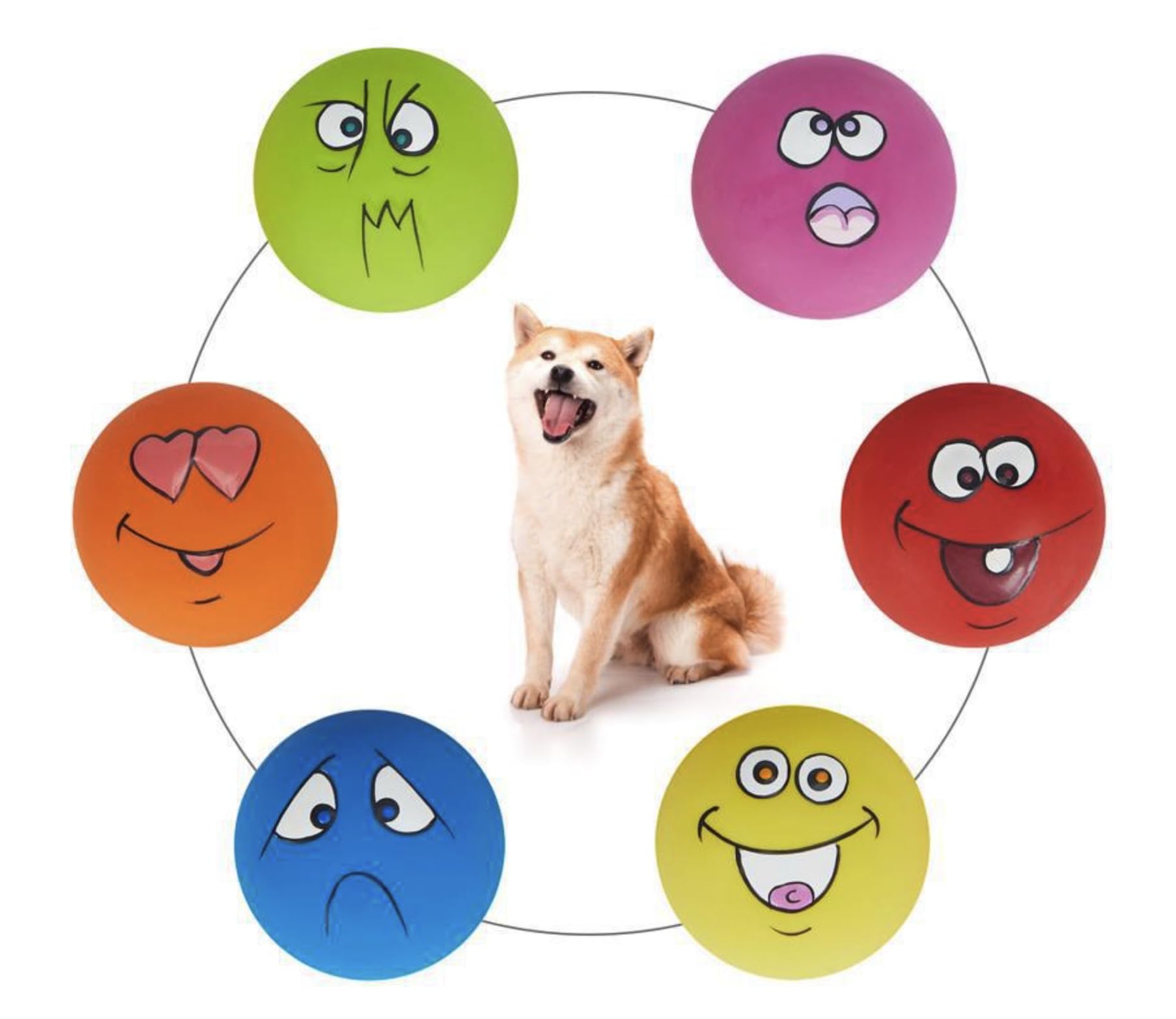 Smiley Face - Juguetes chirriantes de látex suave con cara de emoji, bolas chirriantes vibrantes para perros y mascotas, 6 unidades por juego