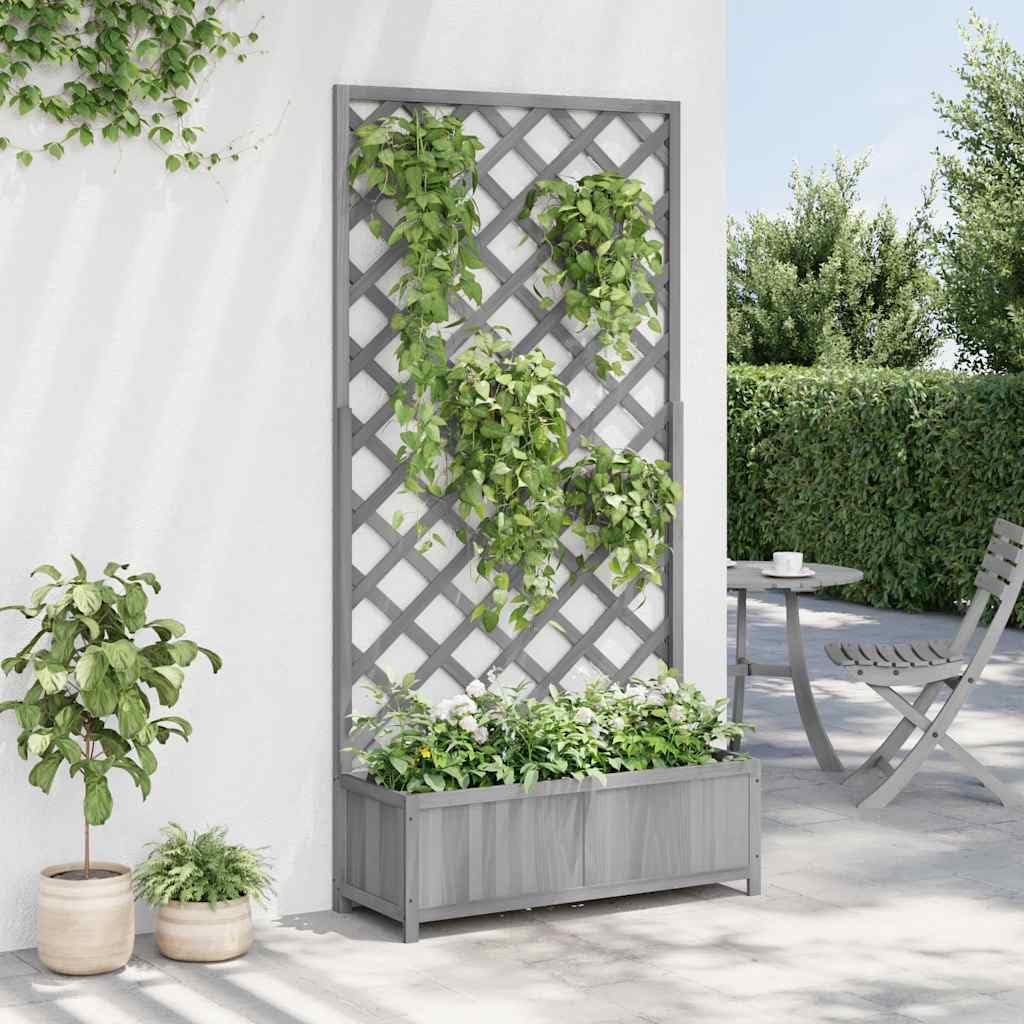 Donica z trejażem szara lite drewno jodłowe 180x90x35 cm Skrzynia ogrodowa na patio taras z kratownicą dla roślin pnących