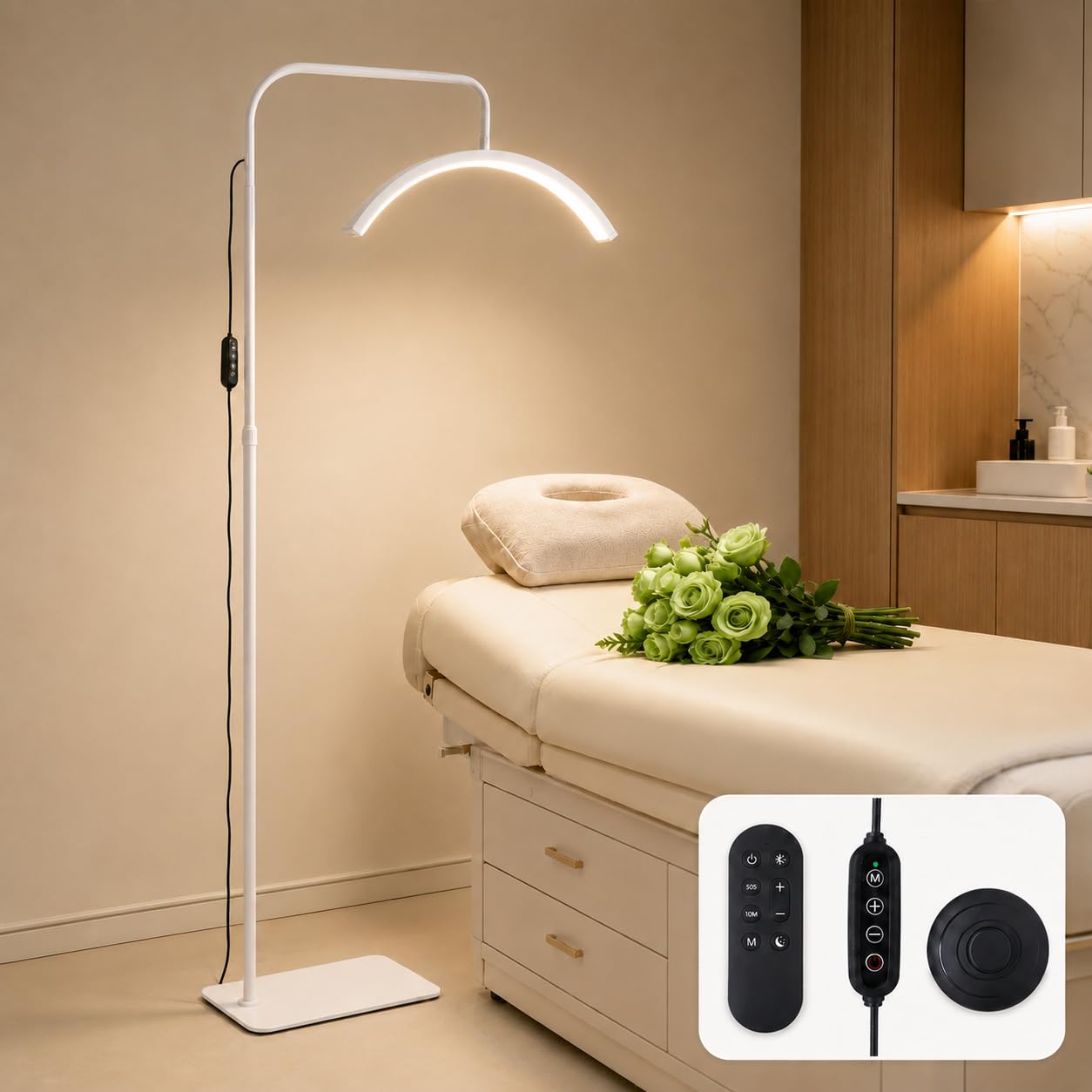 Lampe Demi Lune avec Télécommande, Lampe sur Pied pour Extension de Cils, Tatouage, Onglerie, Esthétique Professionnel, Soins Peau, Sourcils. Hauteur et Luminosité Réglables, Blanc (White, 48W)