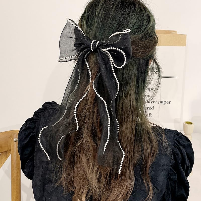 Pinza para cabello con moño negro de organza miniatura 2