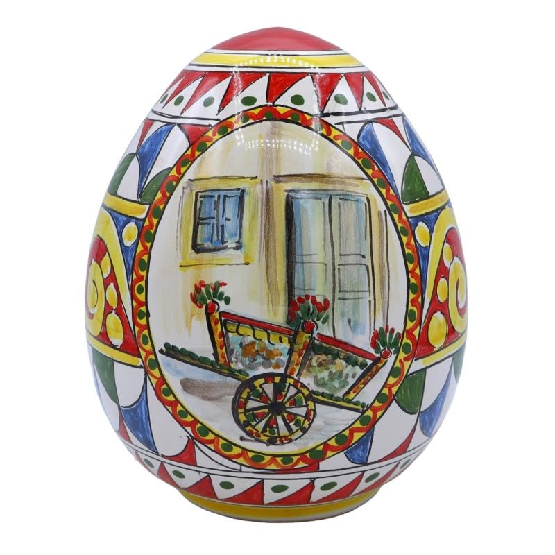 Huevo de cerámica Caltagirone de 20 cm con diseño de Carro Siciliano amarillo y rojo