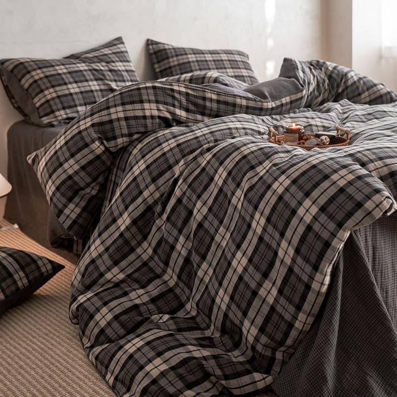 Image of VM VOUGEMARKET Grey Gingham Duvet Cover King Size,Soft Double Layer Cotton Bedding Set with Jacquard Plaid Check Pattern,Breathable Reversible Duvet Cover with Zipper Closure