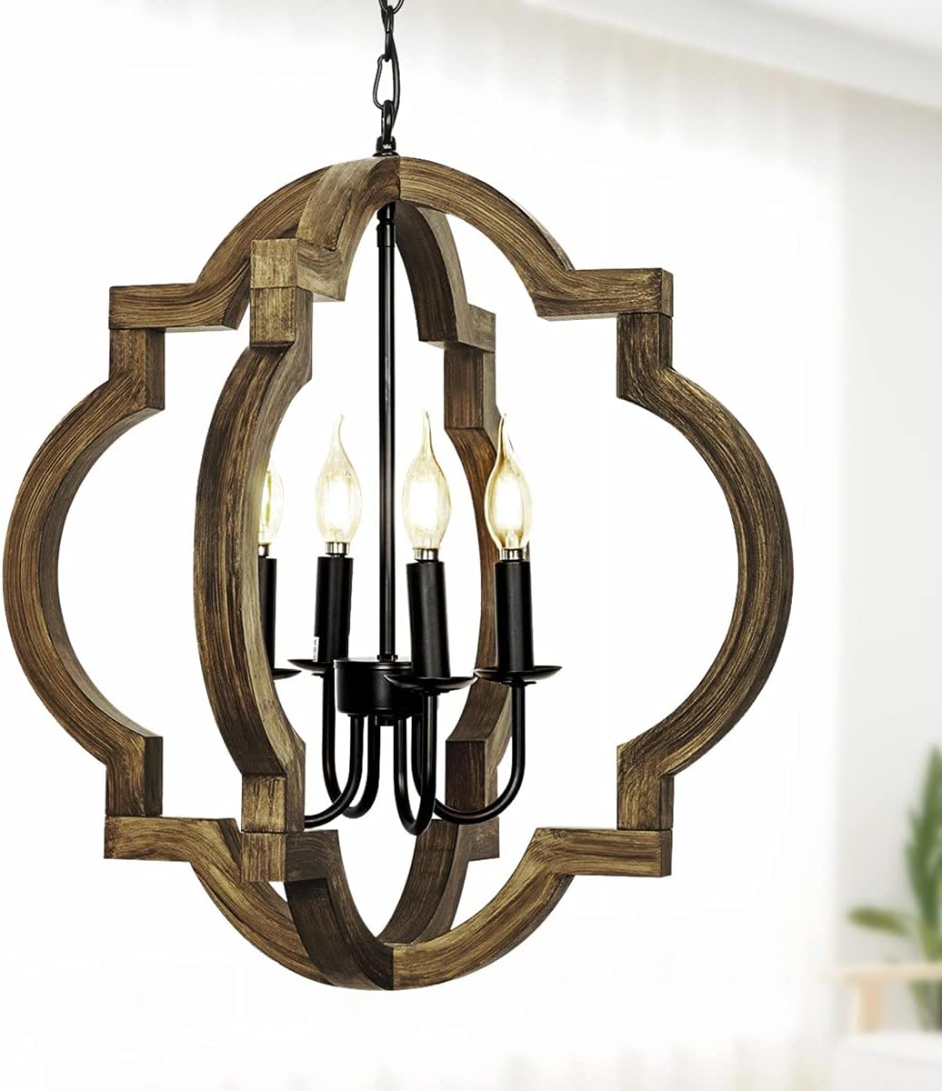 21.7" Farmhouse orb Chandelier, 4-Light Adjustable Height Handmade Rustic Wood Light Fixture for Foyer, Dining&Living Room, Kitchen Island, Entryway, Breakfast Area(Colour: Black) : Everything Else