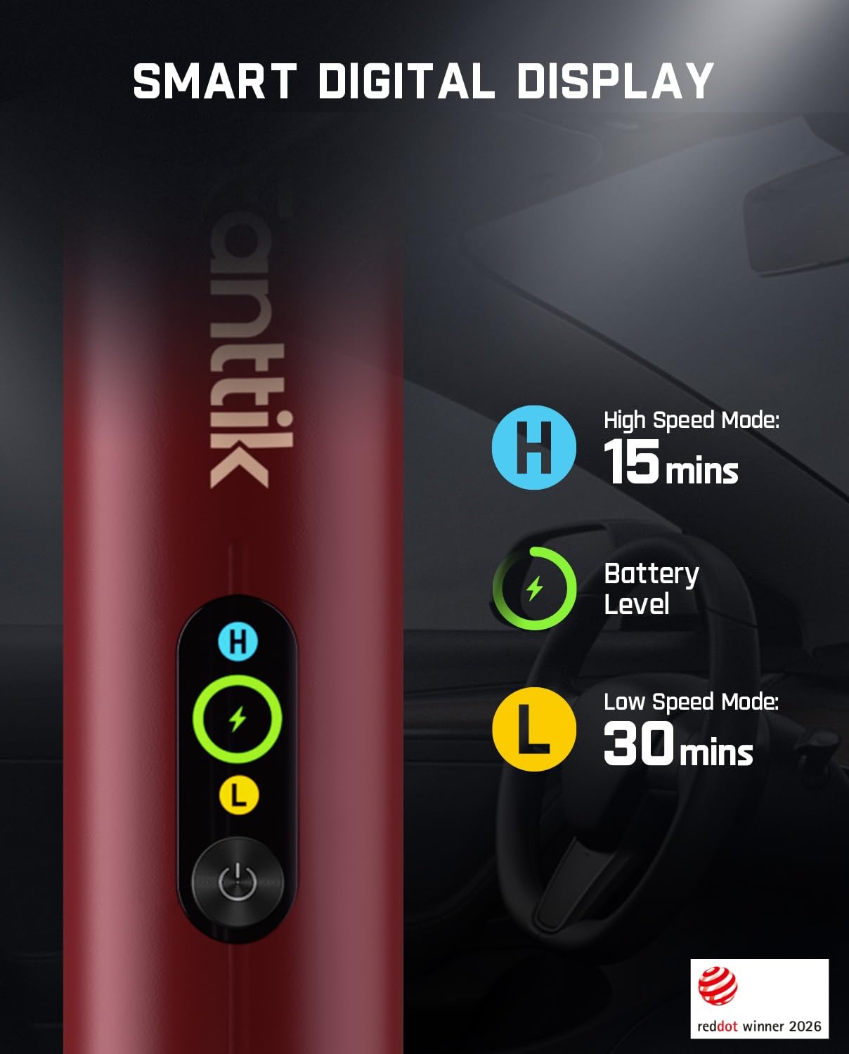 Fanttik Slim V10 APEX Cordless Car Vacuum, 4-in-1 Portable Mini Handheld Vac, Upgraded Smart Digital Display, 19kPa Suction Power, 2 Suction Modes for Small Jobs, Car, Office Desk, Keyboards (Red) view 3