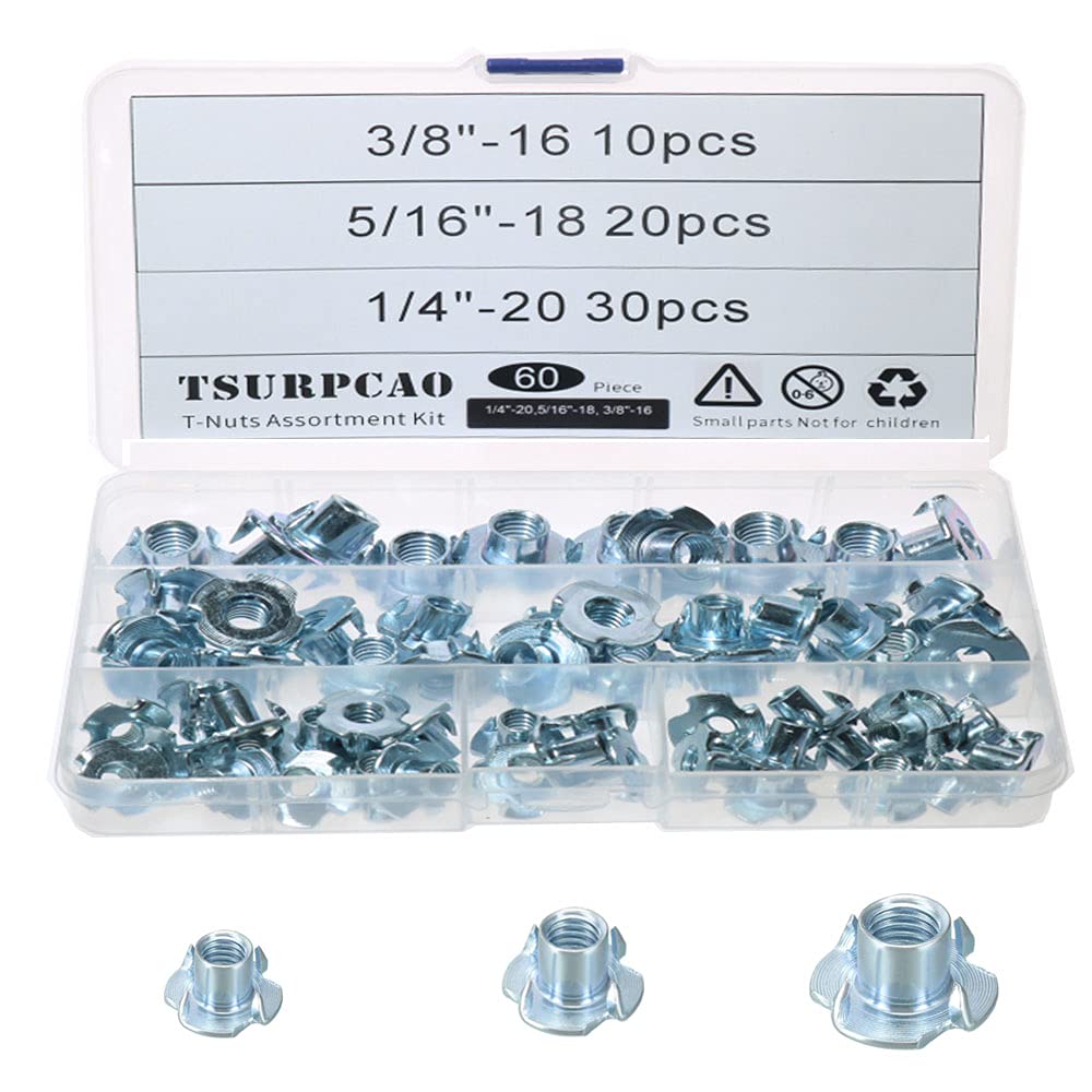 T Nuts (1/4"-20,5/16"-18, 3/8"-16),60pcs,Pronged Tee Nut Assortment Kit for Wood, Rock Climbing Holds, Cabinetry