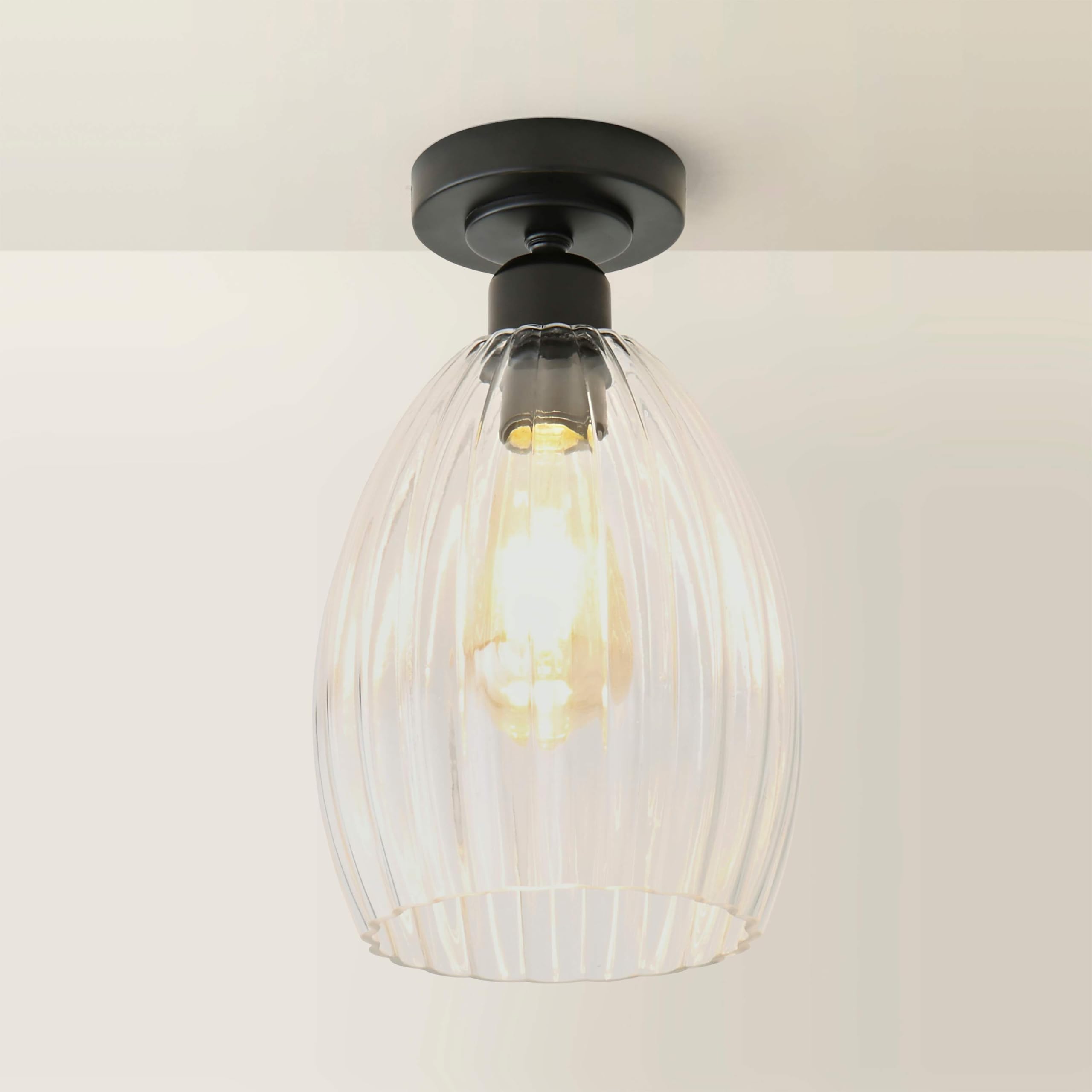 Valuelights Cheltenham Matte Black Flush Ceiling Light With Ribbed Shade And Bulb from B&Q
