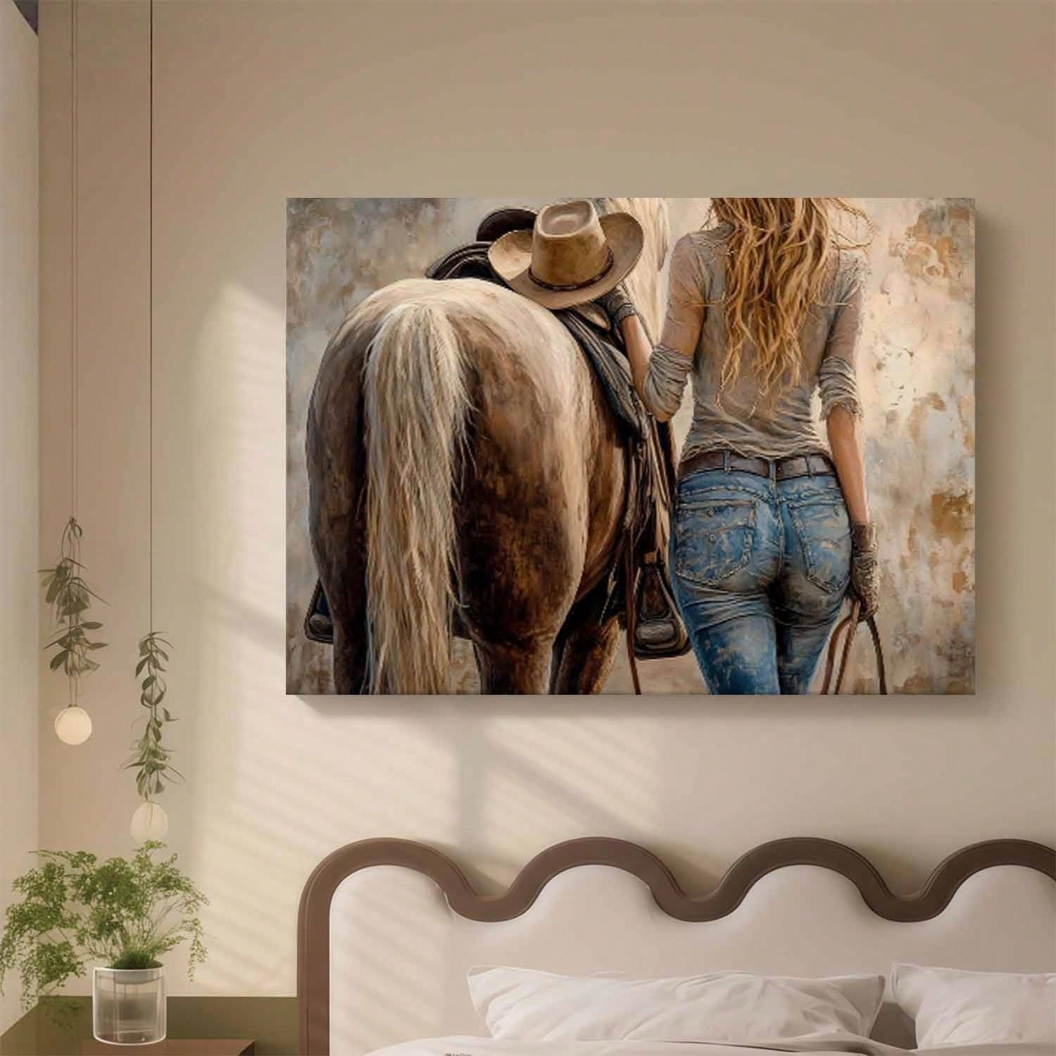 LYBCEOUG Wanddeko „Cowgirl“, Leinwanddruck „Reiterin mit Pferd“, Schlafzimmer-/Wohnzimmerdekoration (50 x 70 cm/mit Rahmen)