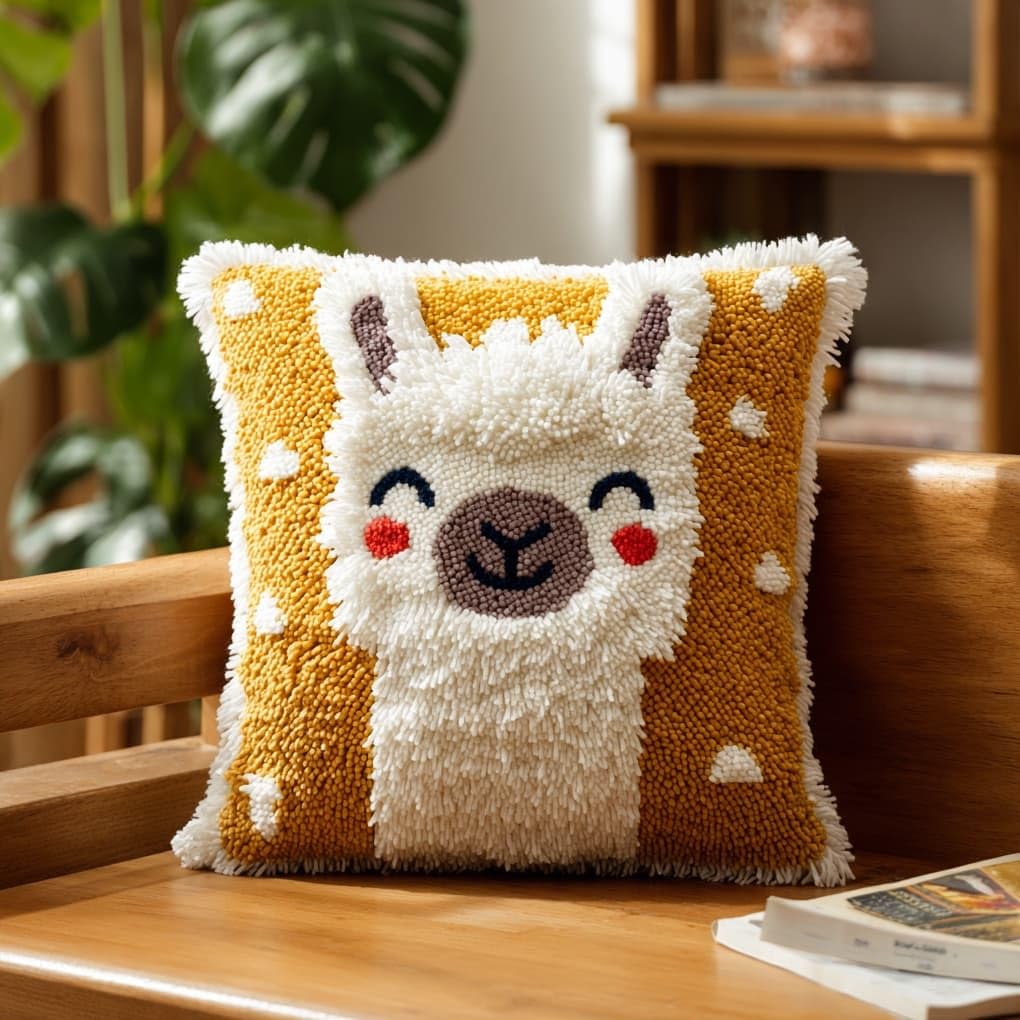 Henypt DIY Latch Hook Cushion Kit 43x43cm,Animal Alpaca Complete Needlecraft Set with Pre-Cut Yarn & Tools,Creative Home Decor Gift for All Ages