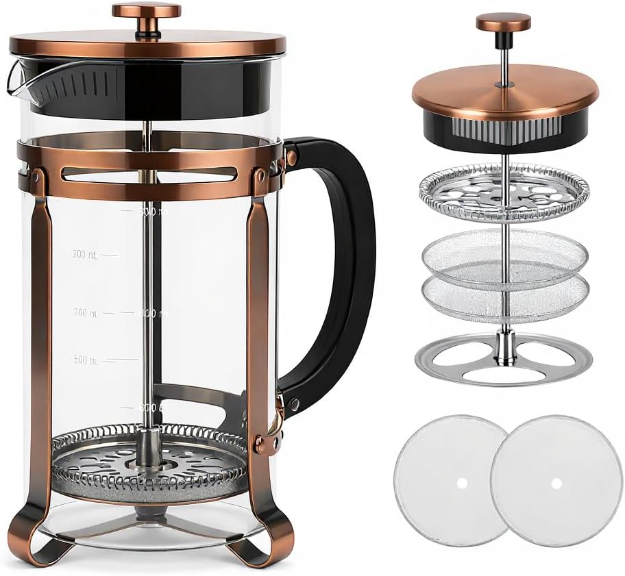French Press Coffee Maker, 21Oz Coffee Press with 304 Stainless Steel 4 Filters, Borosilicate Glass Heat Resistant Carafe, 100% BPA-Free Teapot & Coffee Press, Copper Finish
