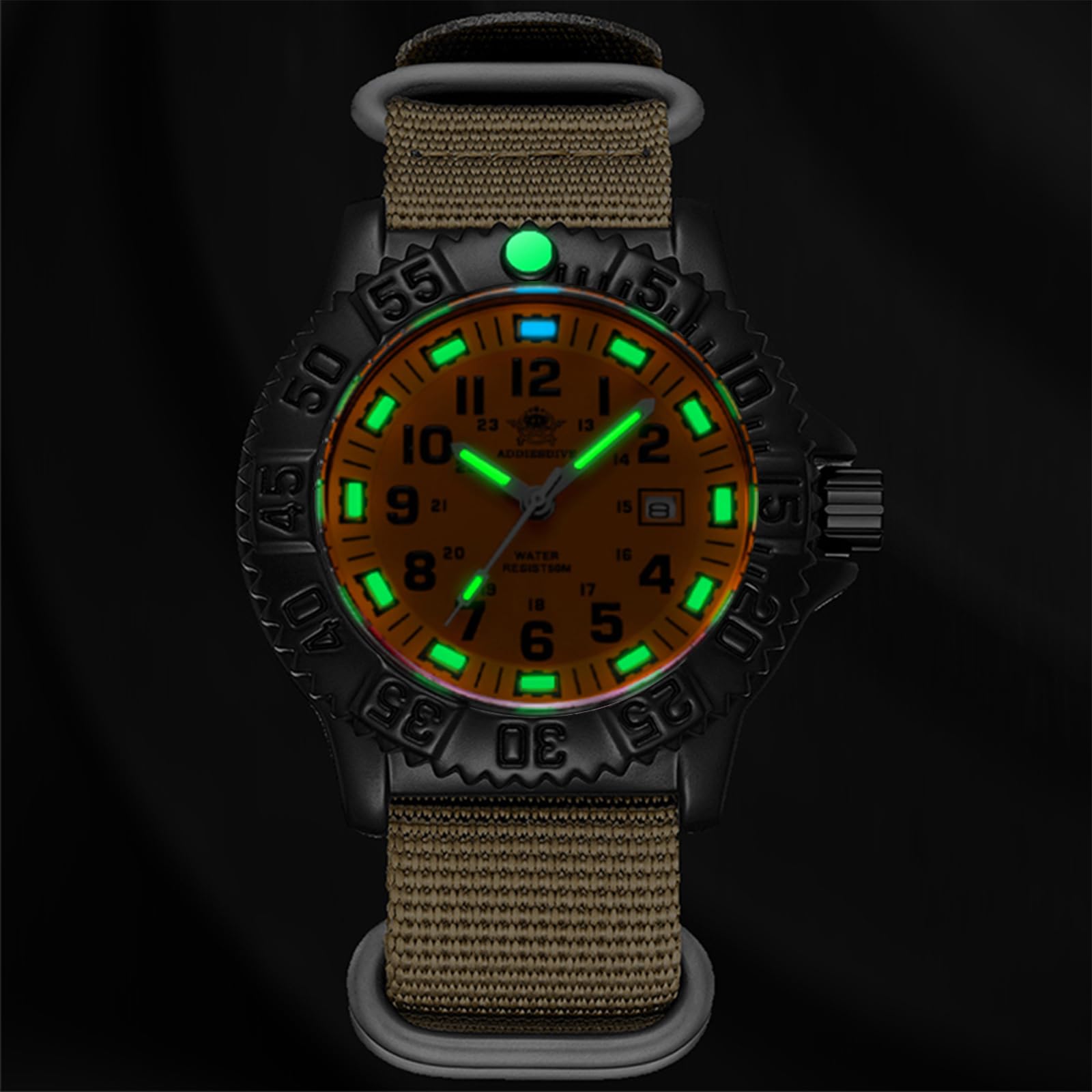 ADDIESDIVE Reloj para hombre con carcasa de aleación mineral, analógico, de cuarzo, bisel giratorio, luminoso, militar, con pulsera de acero inoxidable, correa de nailon verde oliva/caqui