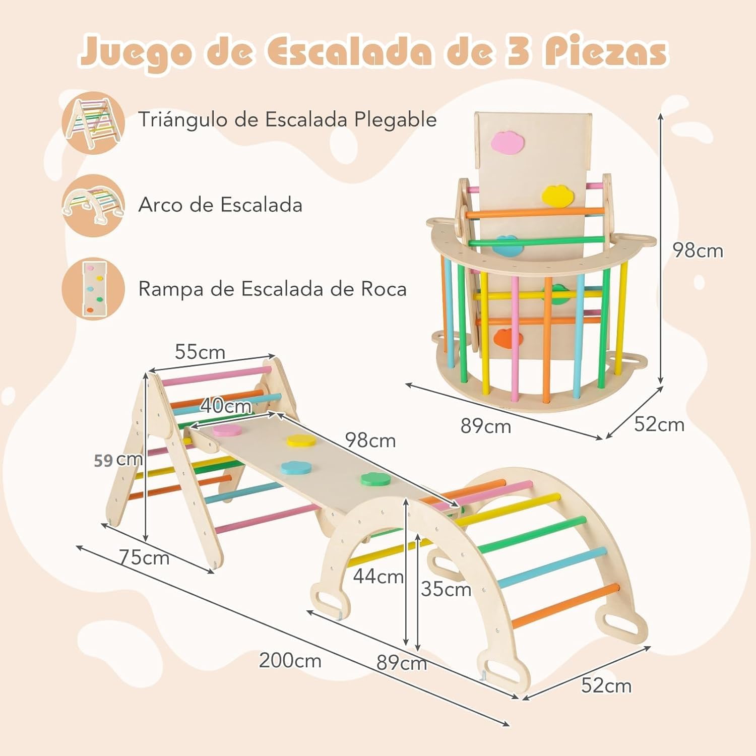 COSTWAY 7 en 1 Triángulo de Escalada de Madera para Niños, Juego de Escalada con Triángulo, Arco, Rampa para Deslizarse o Escalar, Set de Escalada Montessori para Niños 1+ Año (Multicolor)