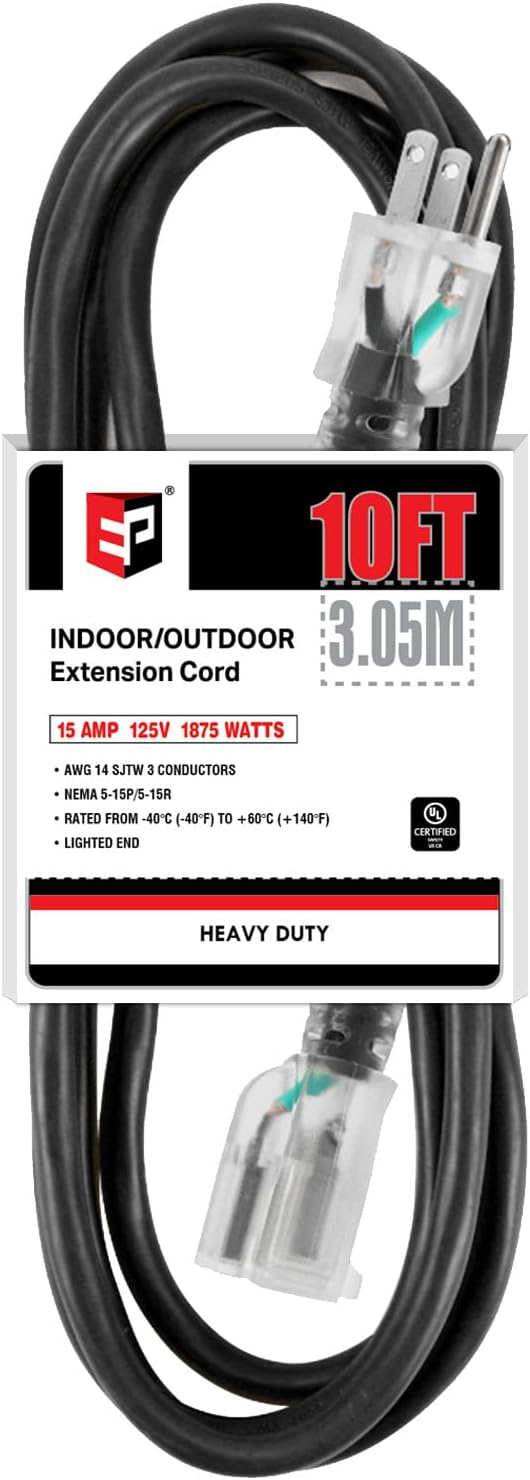 EP 10Ft 14/3 Lighted Outdoor Extension Cord 14 Gauge 3 Prong SJTW
