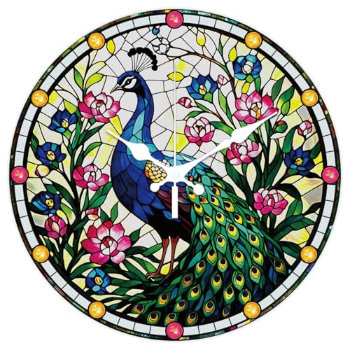 CHGCRAFT Glass Painting Peacock Wall Clock 12 Inch Flowers C